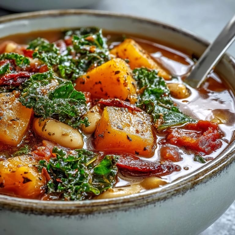 A close-up of Winter Minestrone Soup with Butternut Squash and Kale, showing colorful vegetables and pasta in rich broth.