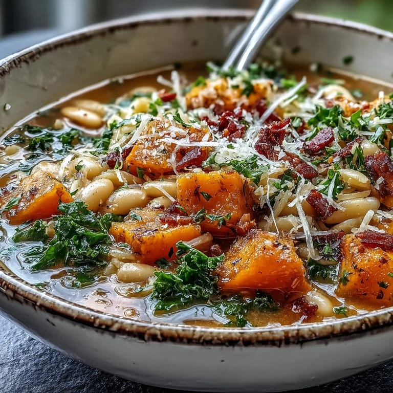 Serving of Fall Minestrone topped with fresh parsley and Parmesan cheese, paired with crusty artisan bread.