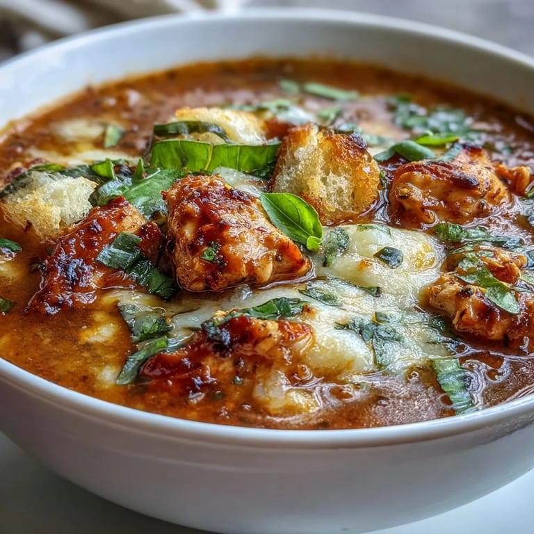 Shredded grilled chicken and mozzarella melting into a rich Grilled Chicken Parmesan Soup, ready to serve.