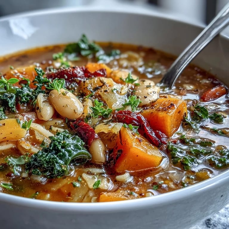 Hearty Winter Minestrone Soup served in a ceramic bowl next to crusty bread, perfect for a cozy dinner.