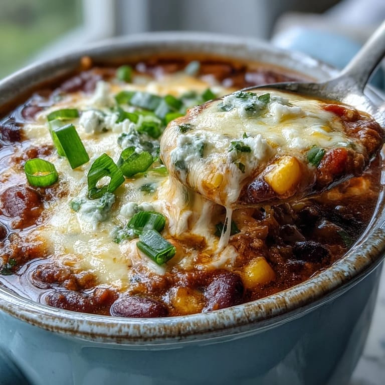 A spoon diving into a pot of Creamy Taco Soup revealing ground beef, corn, and black beans in rich broth.
