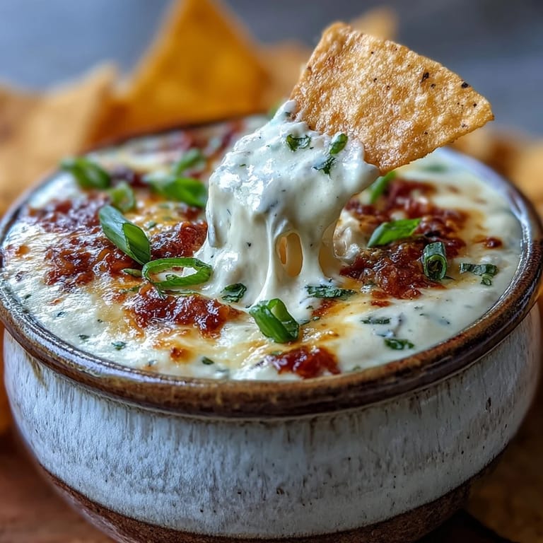 Spicy Queso Dip with melted cheddar and Monterey Jack cheese, garnished with jalapeños and green onions.