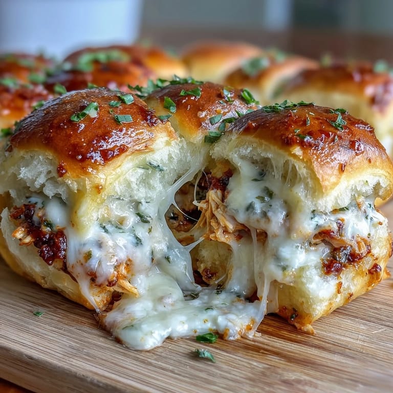 Freshly baked Pizza Dip Sliders reveal creamy Buffalo chicken dip layered between buttery, garlic-brushed slider buns.