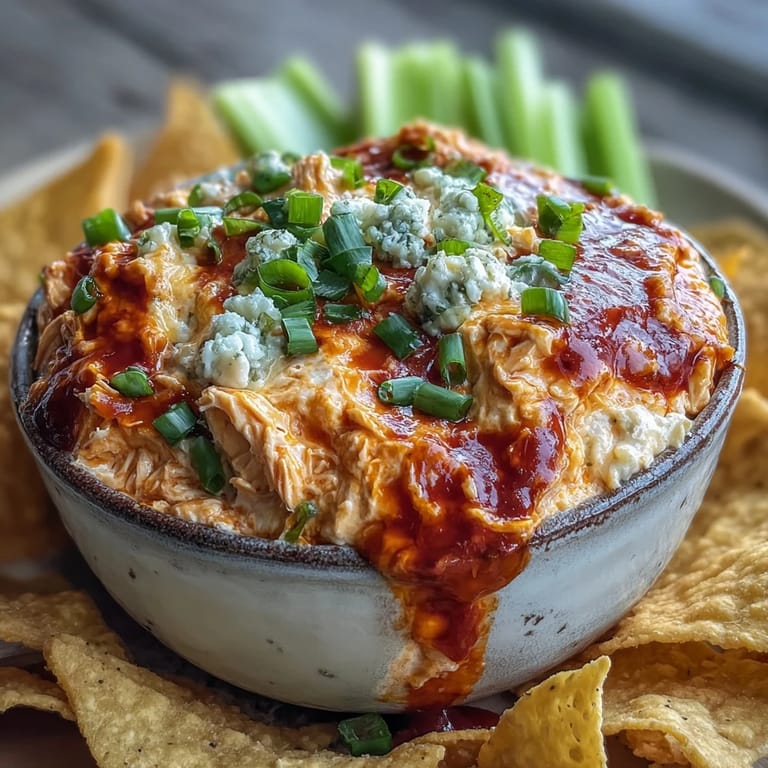 Served warm Crock Pot Buffalo Chicken Dip with crisp celery sticks and tortilla chips on a platter, perfect for party gatherings.
