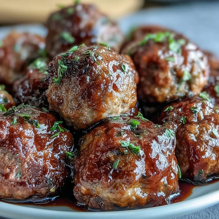 Perfectly tender Slow Cooker Peach Glazed Meatballs simmering in a rich, sticky sauce for dinner.