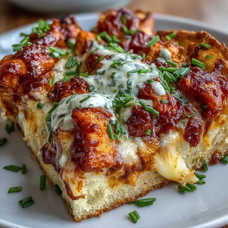 A bubbling Buffalo Chicken Pizza fresh from the oven, drizzled with extra hot sauce and celery sticks alongside for dipping.