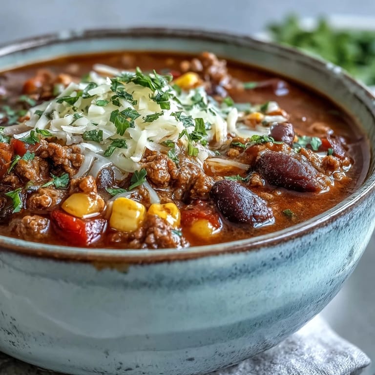 A ladle of Taco Soup with beef, beans, and corn served in a rustic pot.