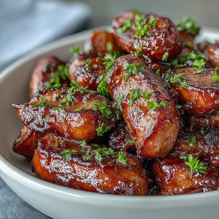 Gluten-free Crock Pot BBQ Cocktail Sausages on a serving platter with toothpicks, perfect for party spreads and casual gatherings.