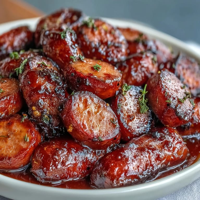 Smoky Crock Pot BBQ Cocktail Sausages bubbling in tangy sauce, ready for game day with pickles and potato chips on the side.