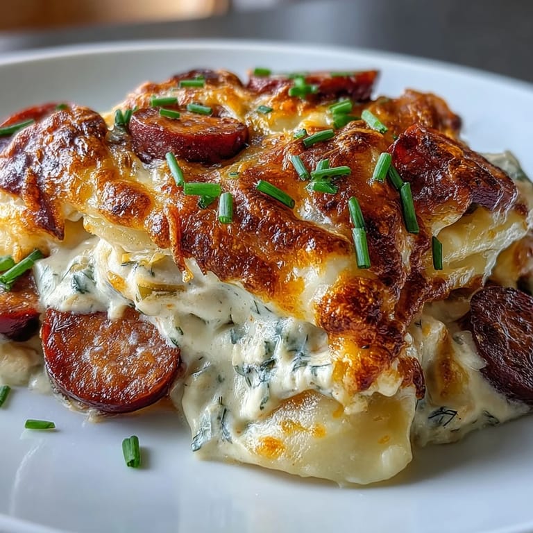 Hearty serving of Crockpot Pierogi Casserole With Kielbasa garnished with fresh chives, ready to enjoy with a side salad.