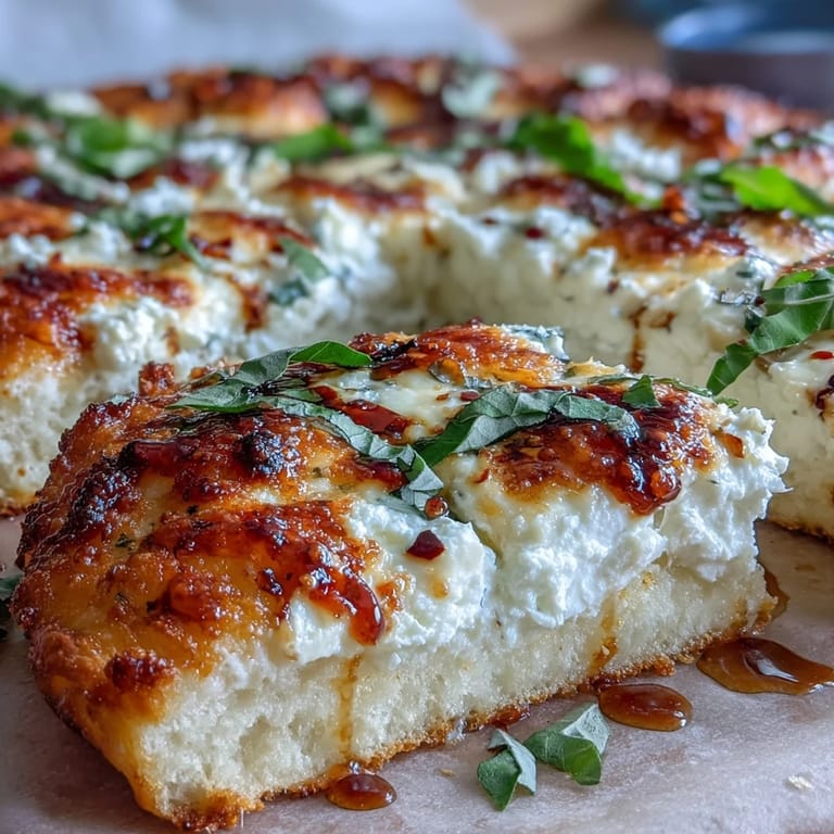 Hot Honey Ricotta Pizza on a wooden board, golden crust topped with creamy ricotta, mozzarella, and a sweet-heat honey swirl.