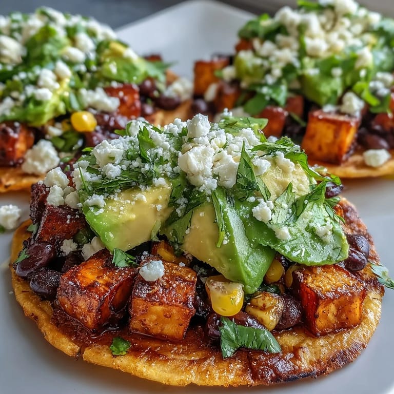 Golden baked tostadas featuring caramelized sweet potatoes and warm black beans, ready for a weeknight Mexican-inspired dinner.