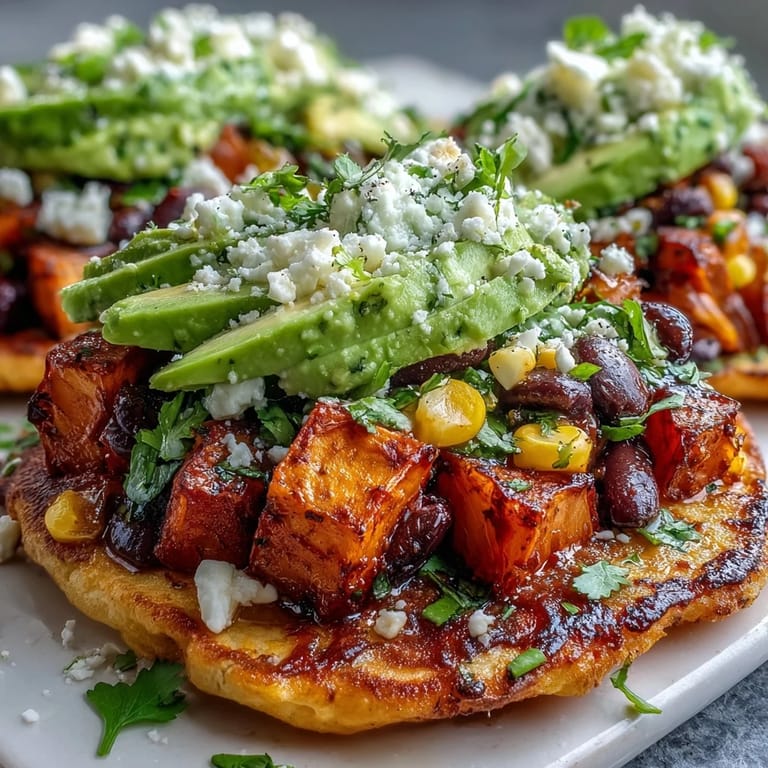 Black Bean and Sweet Potato Tostadas topped with corn, cilantro, and crumbled feta for a vibrant, vegetarian meal.  