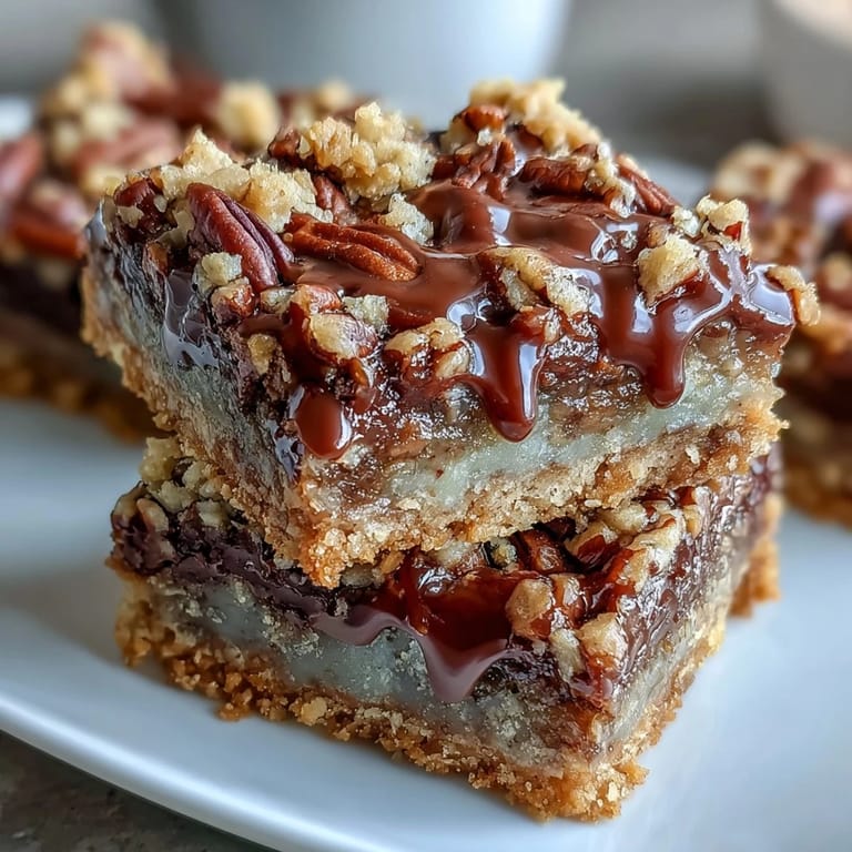 A close-up of Decadent Sweet and Chewy Turtle Bars with rich chocolate pools and gooey caramel.