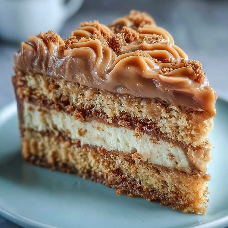 Slice of Decadent Baked Biscoff Cake with Creamy Lotus Frosting, topped with crumbled cookies and a caramel drizzle.