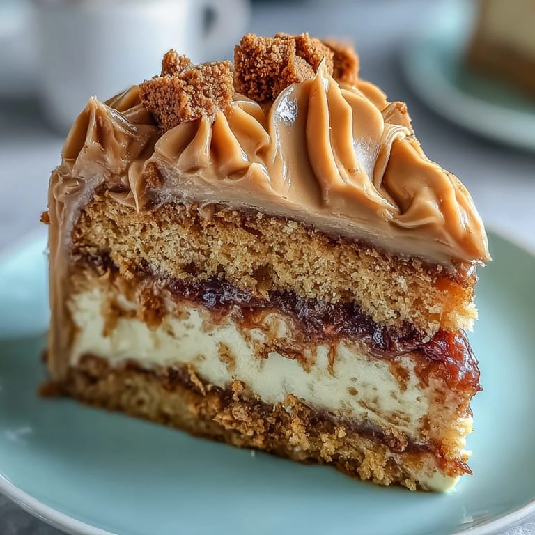 Overhead view of a whole Decadent Baked Biscoff Cake with Creamy Lotus Frosting, decorated with Biscoff pieces on a marble counter.