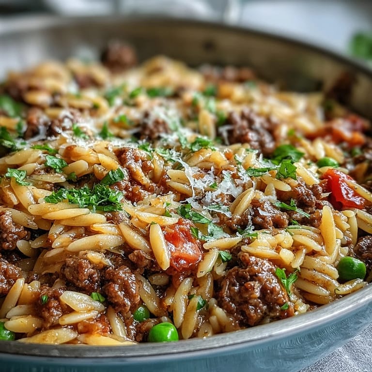 Savory Comforting Ground Beef Orzo simmered with bell peppers and peas in a rich tomato broth.