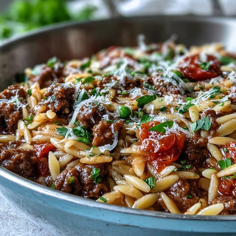 Comforting Ground Beef Orzo dinner served hot from the skillet, garnished with parsley and cheese.