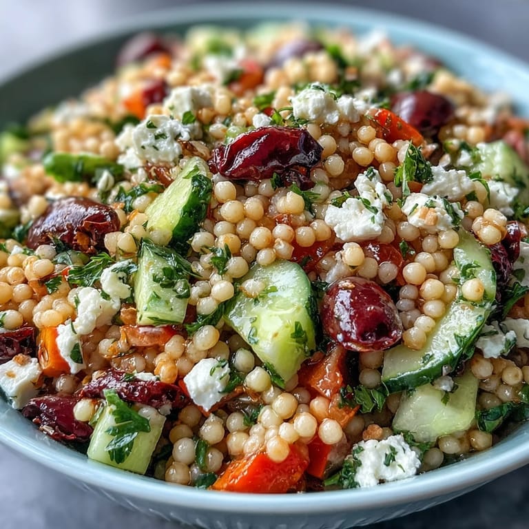 A serving of Mediterranean Pearl Couscous in a white bowl, topped with crumbled feta, chopped parsley, and kalamata olives alongside colorful vegetables.  