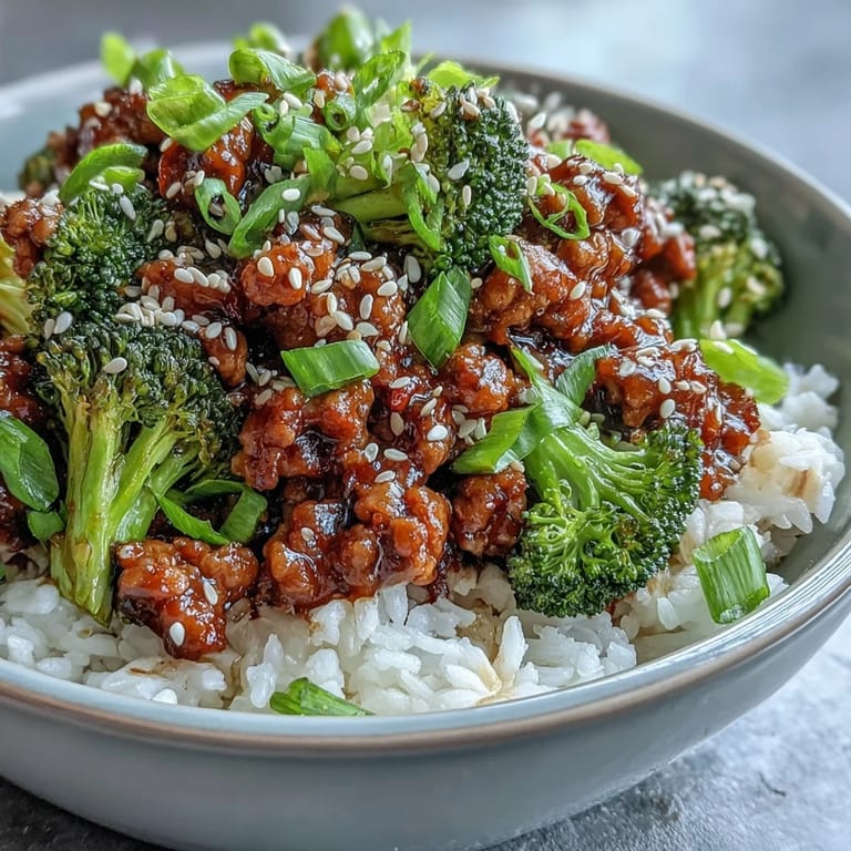 Vibrant green broccoli florets and tender turkey in a fiery sweet-spicy sauce fill this wholesome bowl, layered over brown rice and sprinkled with sesame seeds for a comforting Sweet and Spicy Turkey Broccoli Bowl.
