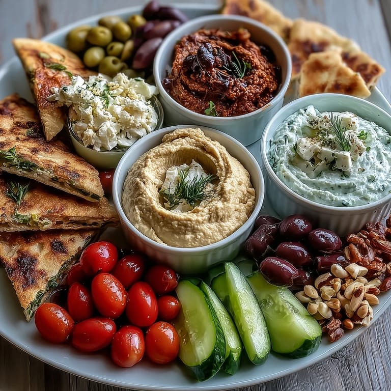 The Mediterranean Brunch Board features artfully arranged pita strips, mixed nuts, and fresh herbs next to vibrant dips and garnishes.