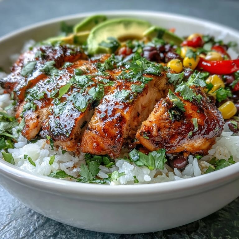 Cajun Chicken Bowl garnished with avocado slices and fresh cilantro, served with lime wedges for squeezing.