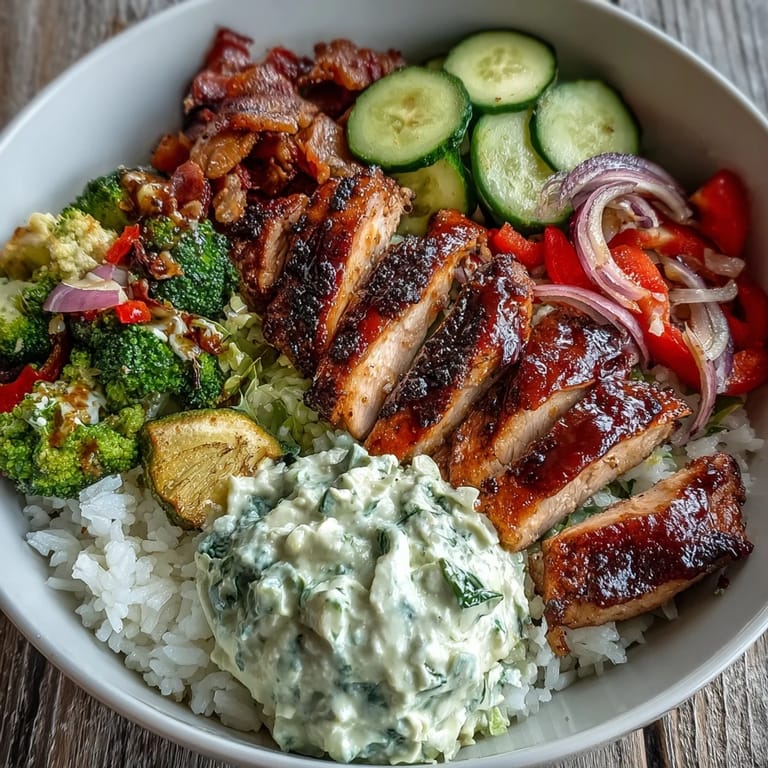 BBQ Chicken Bowl served over fluffy rice with crisp coleslaw and roasted veggies, ready to enjoy.