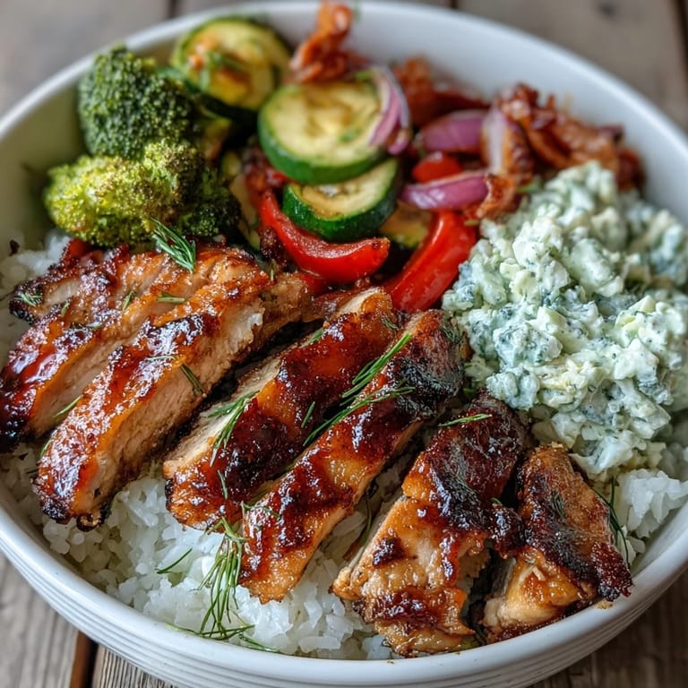 Golden BBQ Chicken Bowl featuring juicy chicken, fluffy rice, crunchy slaw, and roasted peppers on a fork.