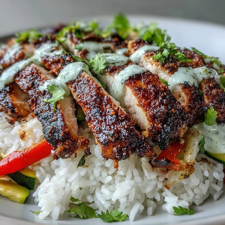 Close-up of the Blackened Chicken Bowl featuring vibrant veggies, cilantro garnish, and zesty lime wedges.