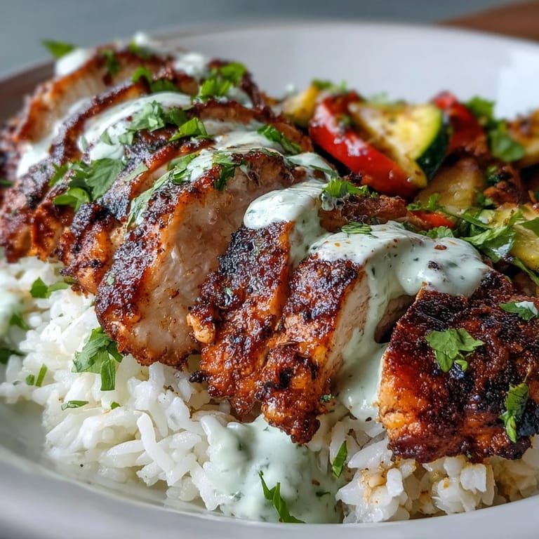 A finished Blackened Chicken Bowl with golden rice, charred vegetables, and creamy lime crema drizzle.