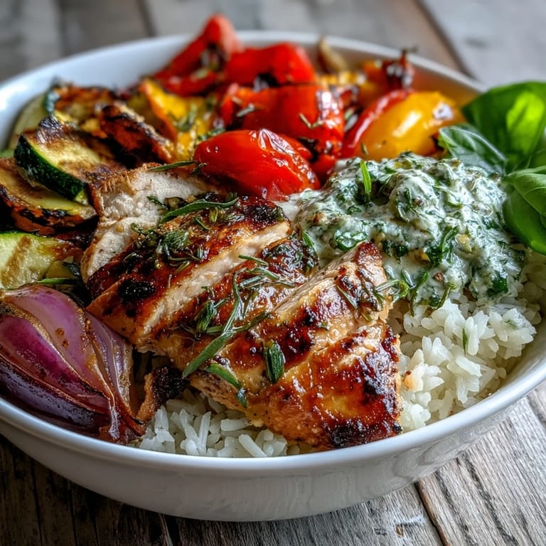Overhead view of a colorful Lemon Herb Roasted Chicken Bowl filled with juicy chicken, caramelized red onion, and cherry tomatoes, garnished with fresh herbs and a bright lemon wedge.