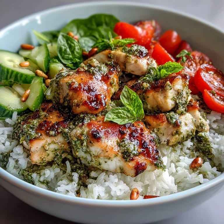Steaming Pesto Chicken Bowl served with colorful vegetables and a garnish of fresh basil leaves on a rustic table.