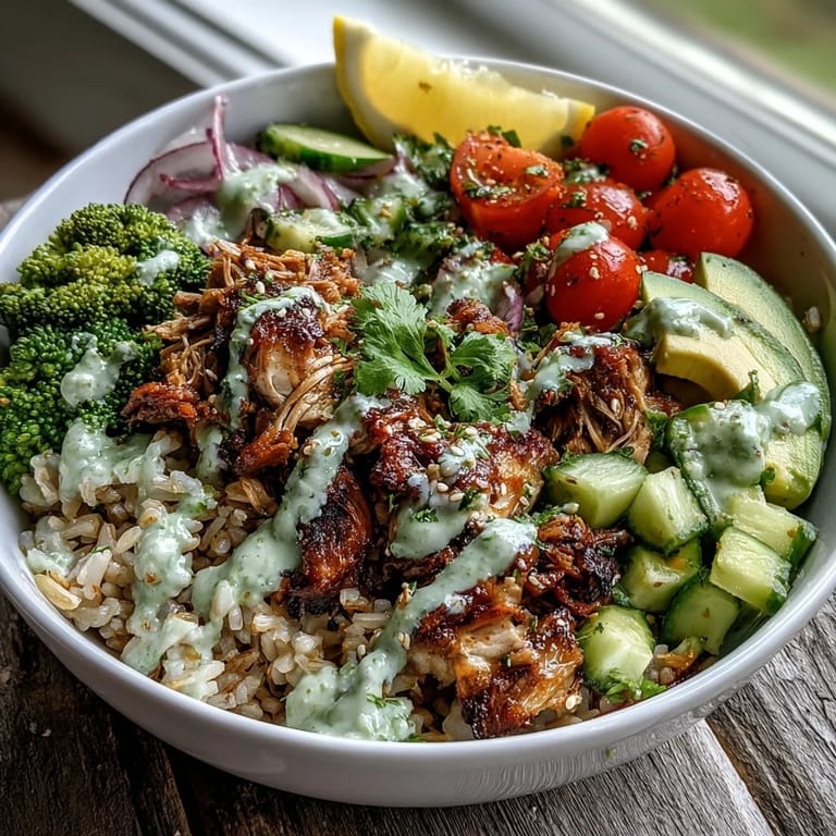 Vibrant Rotisserie Chicken Bowl with avocado, cherry tomatoes, and steamed broccoli, drizzled with spicy sriracha mayo.