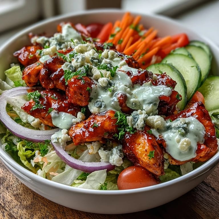 Spicy Buffalo Chicken Bowl served over warm rice and crunchy vegetables, drizzled with tangy ranch and blue cheese crumbles.