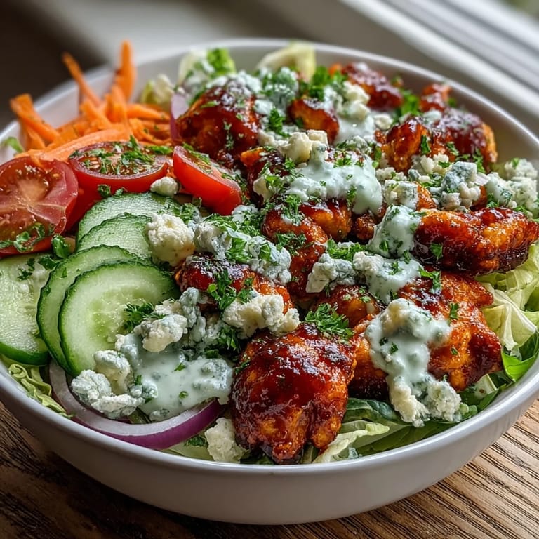 A colorful Buffalo Chicken Bowl with tender chicken, cucumbers, red onion, and ranch dressing, perfect for an easy weeknight dinner.