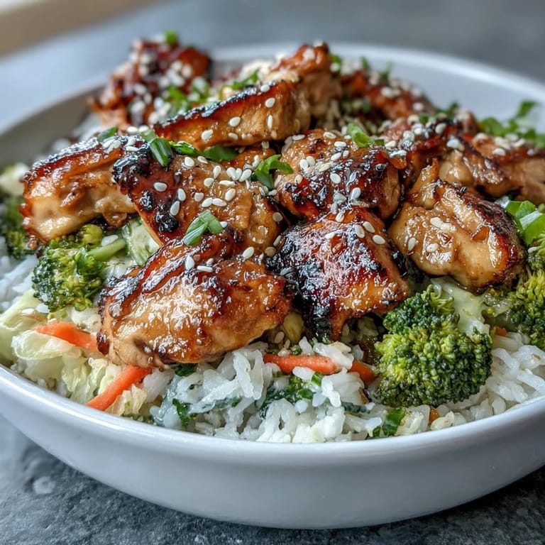 Wholesome chicken and rice bowl featuring marinated chicken, vibrant seasonal vegetables, and fluffy rice, ideal for a quick and healthy meal.