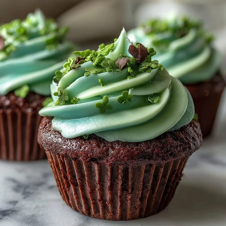 Moist and tender green velvet cupcakes swirled with cocoa, finished with smooth cream cheese frosting—ideal for celebrating St. Patrick's Day with a sweet treat.