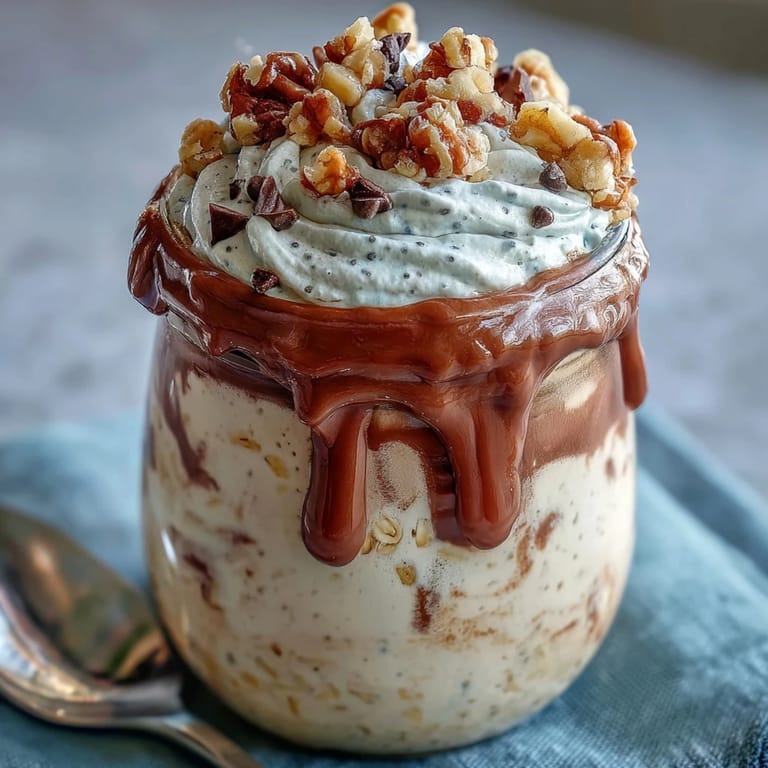 Vanilla Bean Frappuccino Overnight Oats jar layered with espresso, vanilla yogurt, and chocolate chips for breakfast.
