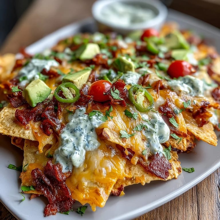 Soccer game day nachos with cheese sauce, loaded with jalapeños, tomatoes, and avocado for the ultimate crowd-pleasing snack.
