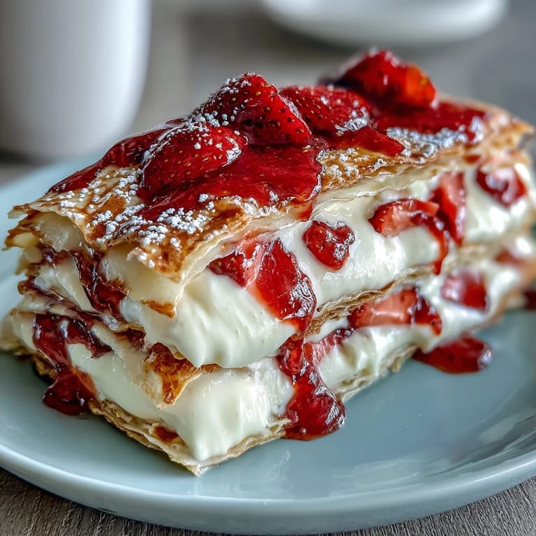 Stunning strawberry crepe cake featuring thin golden crepes, fresh berry slices, and silky vanilla filling, ideal for special occasions.