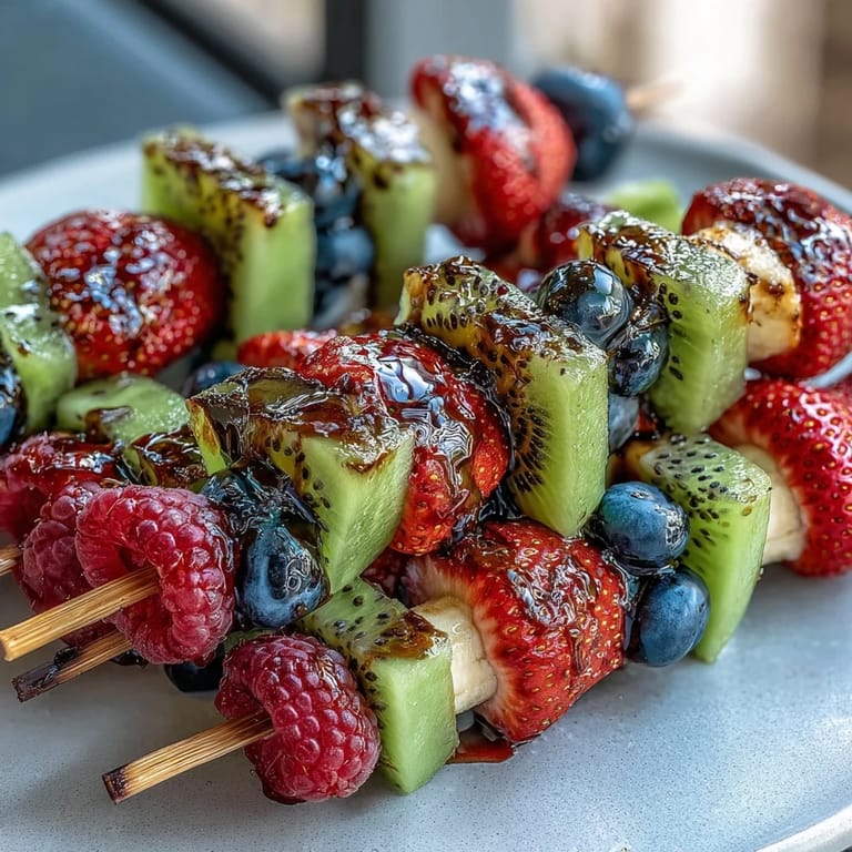 Patriotic fruit skewers featuring fresh strawberries, bananas, and blueberries in a colorful flag pattern.