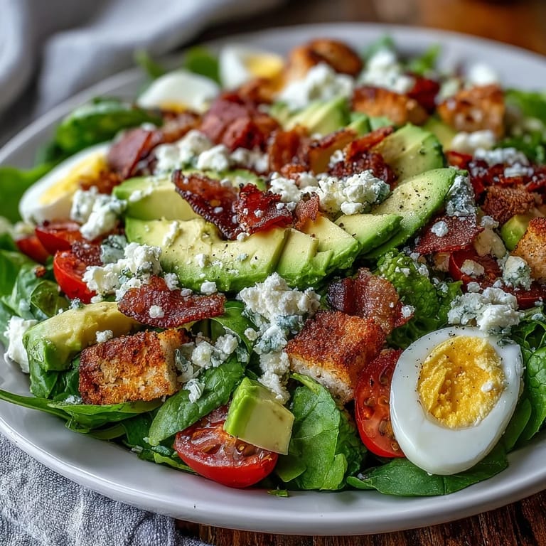 Vibrant Spring Cobb Salad with Strawberries and Avocado, featuring crisp vegetables, hard-boiled eggs, and crumbled bacon for a satisfying and refreshing meal.