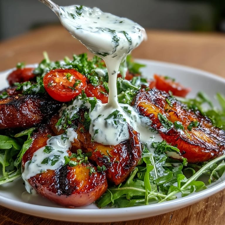 Sweet grilled peaches paired with creamy burrata, arugula, and cherry tomatoes drizzled with tangy balsamic glaze.