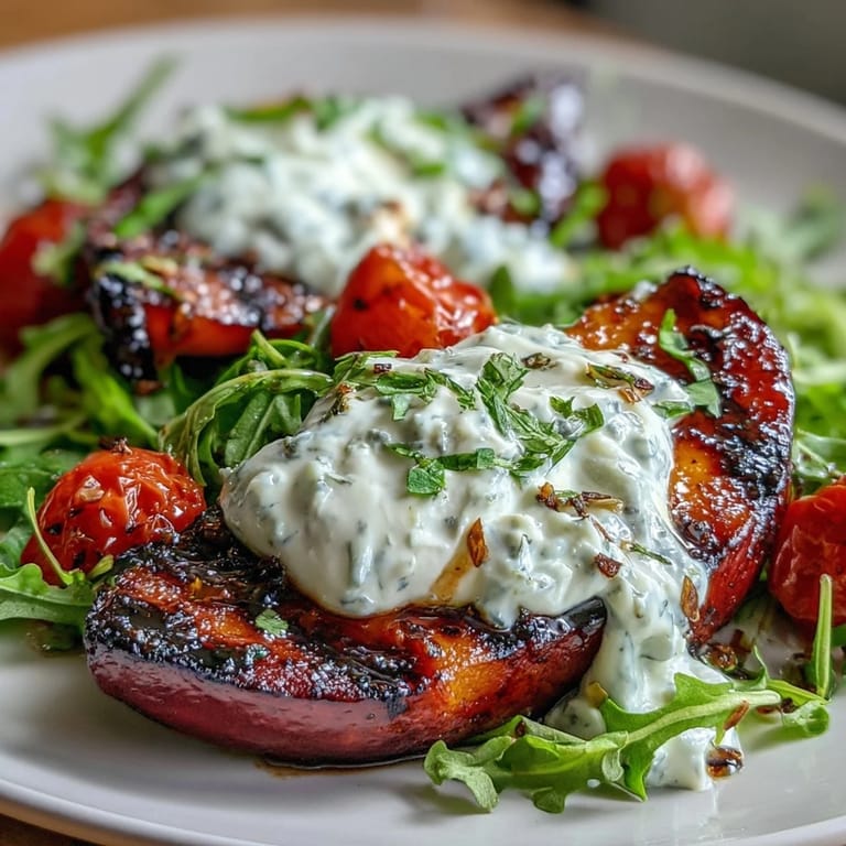 Warm grilled peach slices and burrata cheese atop a bed of peppery arugula, finished with balsamic drizzle.