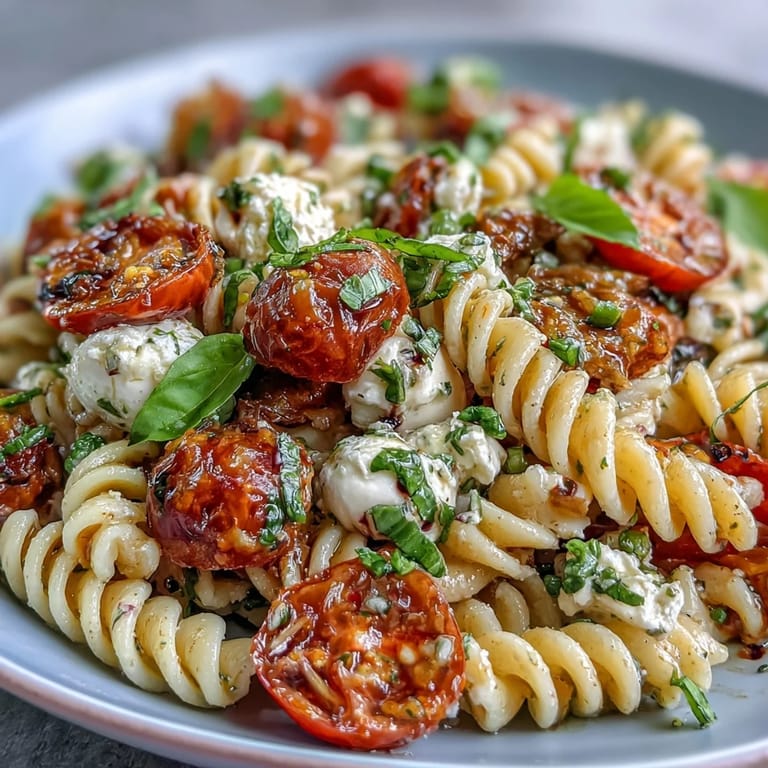Colorful Caprese-style pasta salad featuring juicy tomatoes, creamy mozzarella, and fresh basil for a refreshing summer side dish.