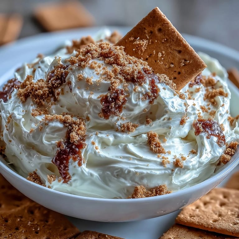 Velvety cheesecake dip made with just three ingredients, paired with classic graham crackers for a nostalgic treat.