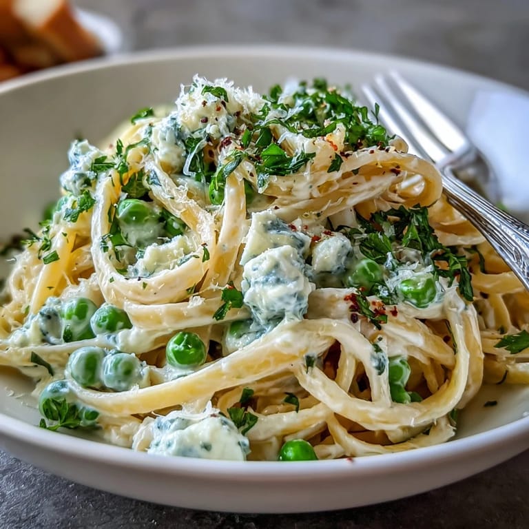 Bright spring pasta with lemon ricotta sauce, tender peas, and Parmesan, garnished with parsley and lemon zest on a wooden table.