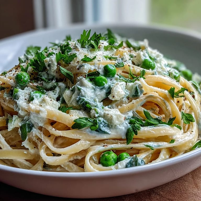 Al dente linguine tossed in lemon ricotta cream, dotted with green peas and Parmesan, served with a lemon wedge on the side.