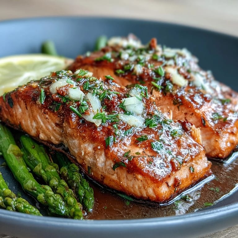Garlic butter salmon with asparagus, featuring golden fillets and tender veggies for a quick spring meal.