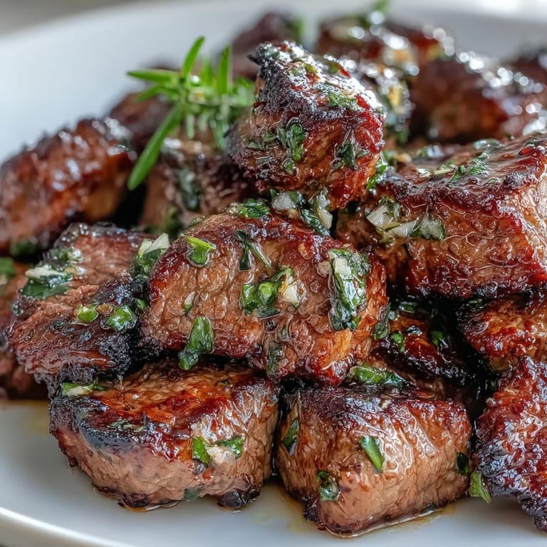 Flavorful steak cubes tossed in garlic and butter, garnished with herbs for a simple yet impressive main course.